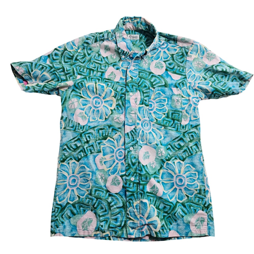 Lauhala Button Down Shirt Blue Floral‎ Geometric Print Made in Hawaii Vintage *